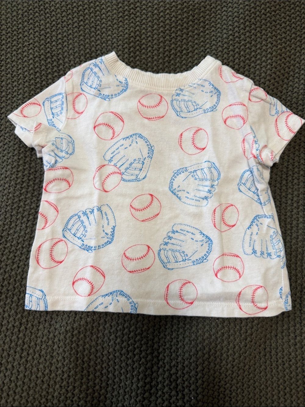 Old Navy White Baseball Print Tee with Blue Gloves and Red Balls 12-18 Months